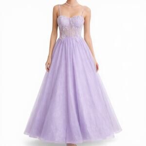 Windsor Tia Lace Applique A-Line Ball Gown Lavender Long Prom Dress Sz Large